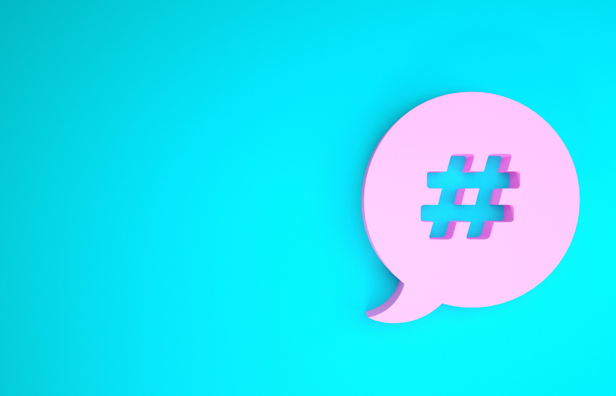 Pink Hashtag Speech Bubble Icon Isolated on Blue Background. Concept of Number Sign, Social Media Marketing, Micro Blogging. Minimalism Concept. 3D Illustration 3D Render